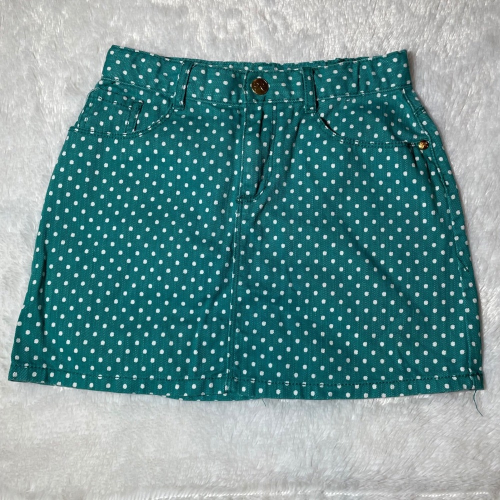 Gymboree Girls Cotton Teal Green Polka Dot Denim Mini Skirt Sz 8 Twee Indie Kid